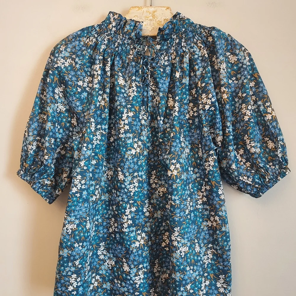 J. Crew Liberty Print Short Puff Sleeve Blue Floral Blouse Top Size XS